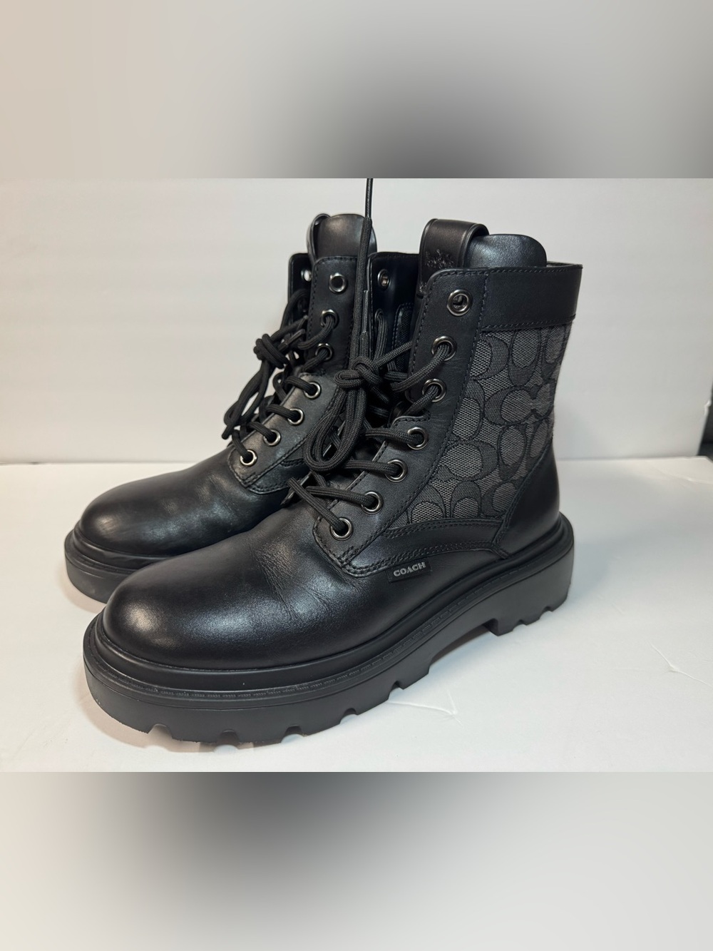 Coach Lucy Lug Sole Boot With Signature Canvas Black & Gray US 8 Like New